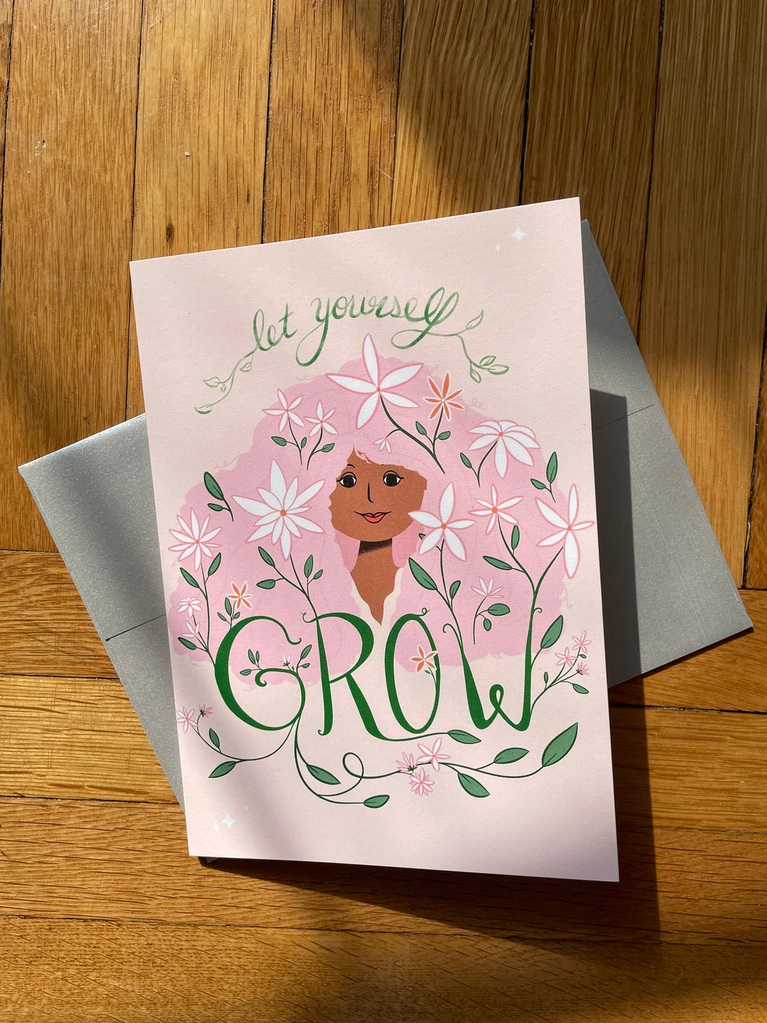 "Let Yourself Grow" Hand-Lettered Card w. Woman's Face, Long Hair & Flowers - Recycled Eco Greeting Card + Envelope, Blank inside (Grow & Bloom)