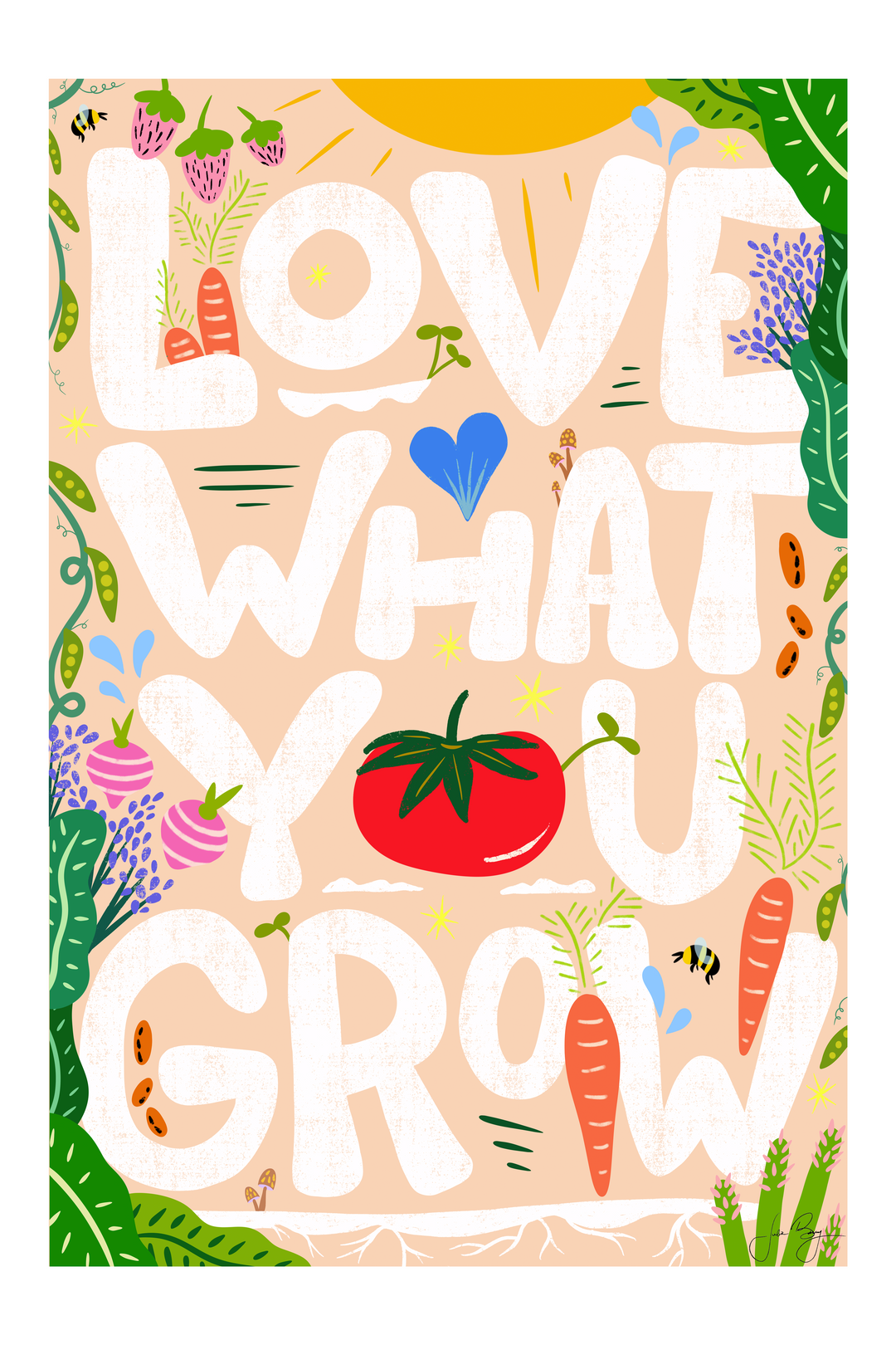 "Love What You Grow" Eco Recycled Greeting Card w. Hand-Drawn Art w. Vegetables, Fruit, Bees & Sun + Recycled Envelope, Blank inside (Grow & Bloom)
