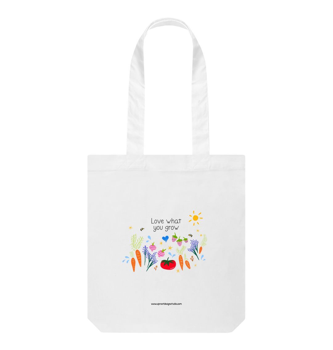 White \"Love What You Grow\" 100% Organic Cotton Grocery Tote Bag w. vegetables, fruit, raindrops, stars & sun