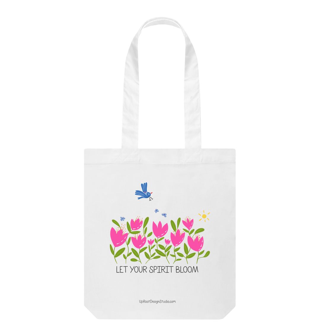 White \"Let Your Spirit Bloom\" 100% Organic Cotton Grocery Tote Bag w. Tulip Flower Garden, Blue Bird & Sun