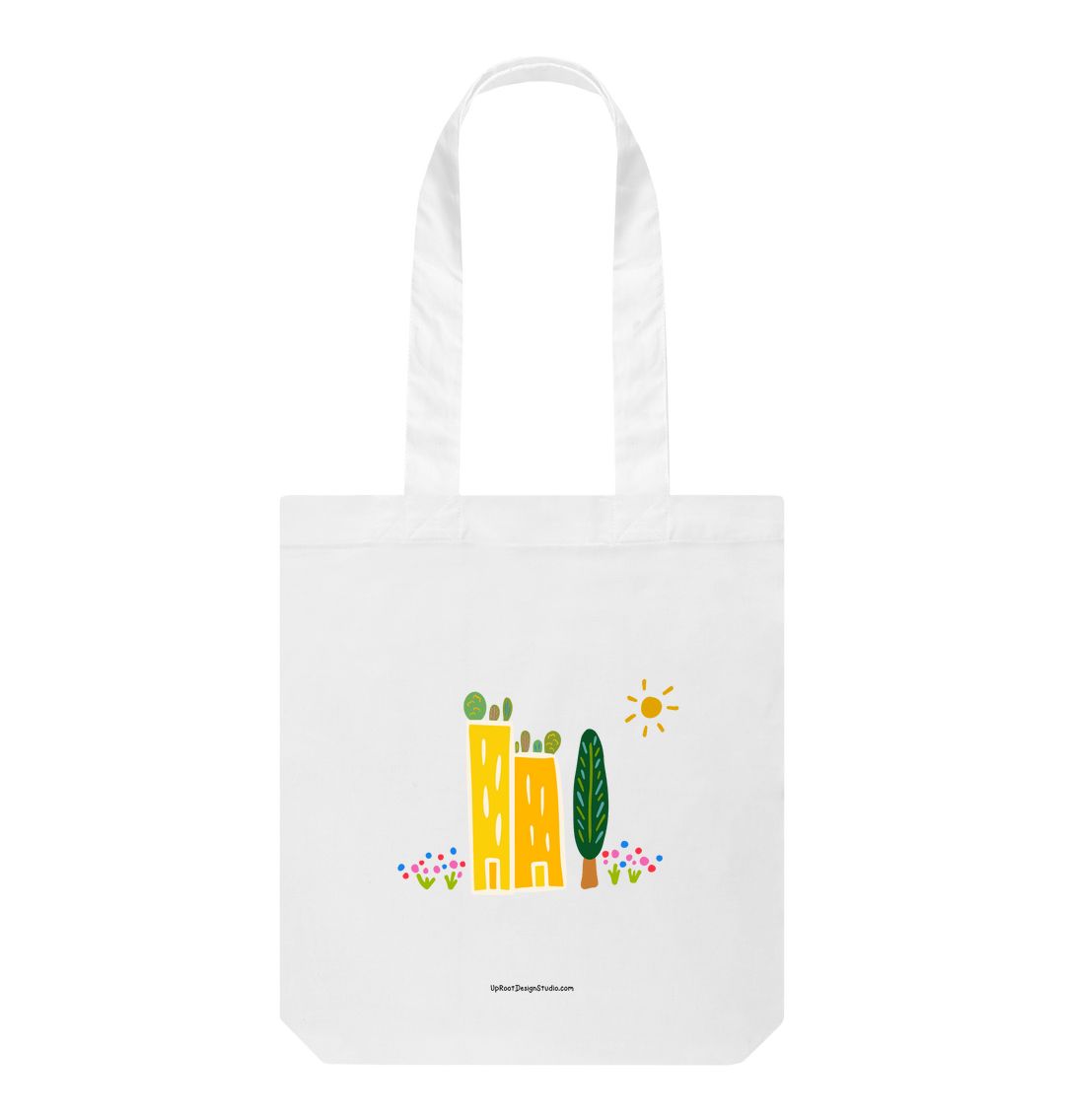 White \"Green Cities\" 100% Organic Cotton Grocery Tote Bag w. Colorful Apartment Buildings, Rooftop Garden, Sun, Tree & Flowers