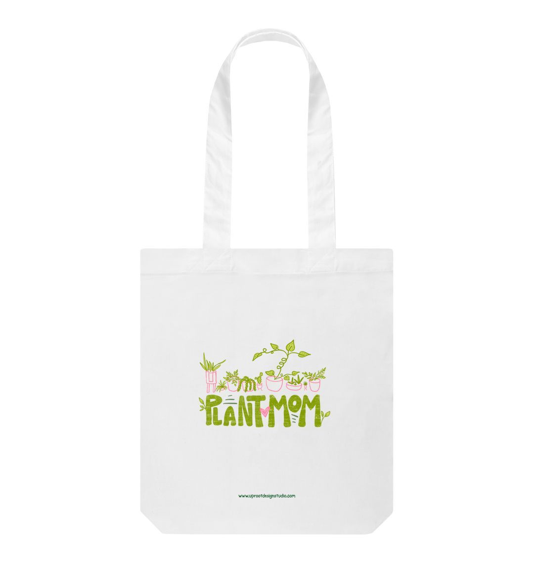 White \"Plant Mom\" Hand-Lettered Sustainable Tote with Hand-Drawn Whimsical Houseplants (100% Organic Cotton)