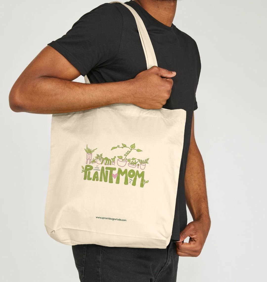 "Plant Mom" Hand-Lettered Sustainable Tote with Hand-Drawn Whimsical Houseplants (100% Organic Cotton)