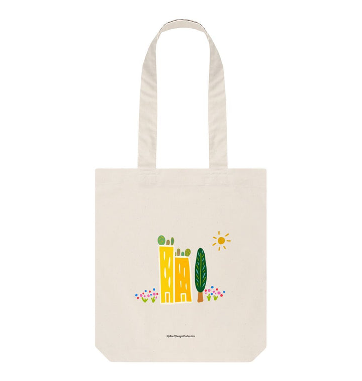 Natural \"Green Cities\" 100% Organic Cotton Grocery Tote Bag w. Colorful Apartment Buildings, Rooftop Garden, Sun, Tree & Flowers