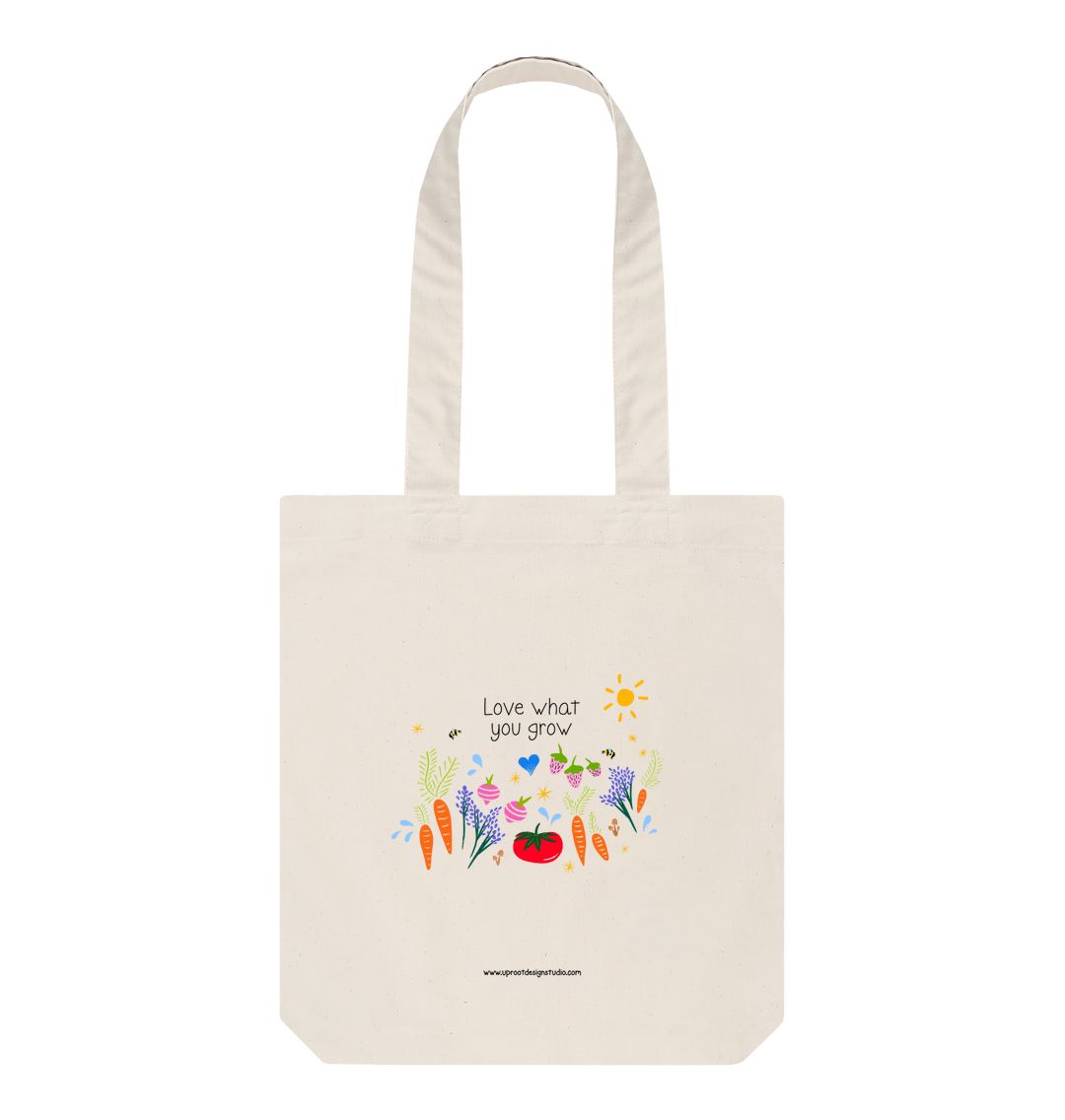 Natural \"Love What You Grow\" 100% Organic Cotton Grocery Tote Bag w. vegetables, fruit, raindrops, stars & sun